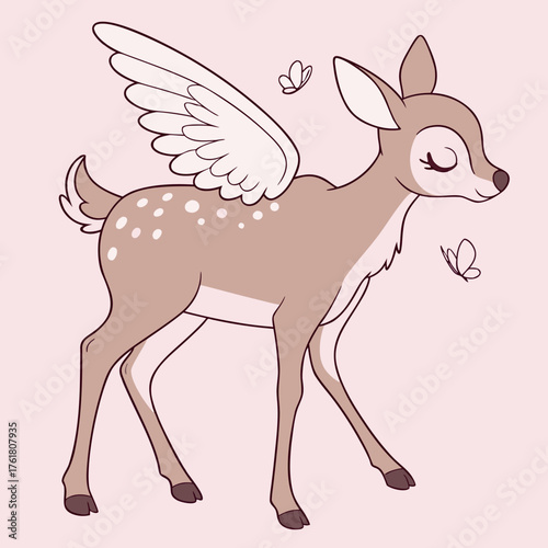 Whimsical Cute Bambi Deer with Angelic Wings, Pink Dreamlike Background