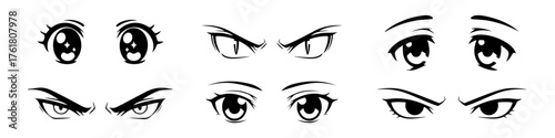 Collection of black and white cartoon eyes with various expressions, perfect for animation and character design, conveying a wide range of emotions.