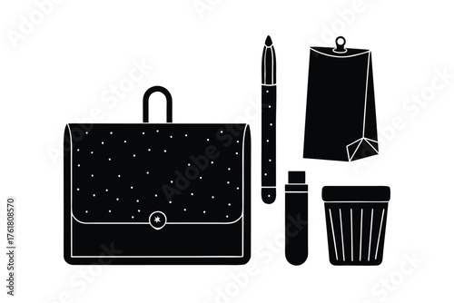 School and office supplies flat icon set on clean white background