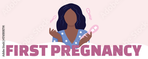 African American woman, teenage girl holding pregnancy test on pink background. Gynecology, pregnancy, motherhood and women’s health banner illustration banner