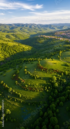 Aerial View of Rolling Green Hills and Valleys in Transylvania.