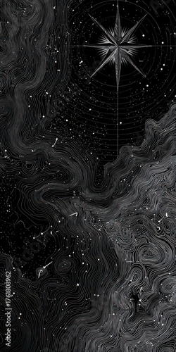 Abstract cosmic star map illustration with glowing patterns on dark background.