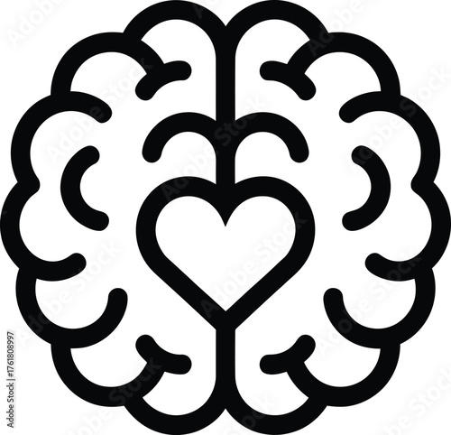 Minimalist Brain with Heart Icon, Black and White Symbolizing Emotional Health