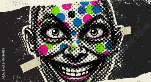 Creepy Clown Portrait with Halftone Effect and Bright Polka Dot Decoration