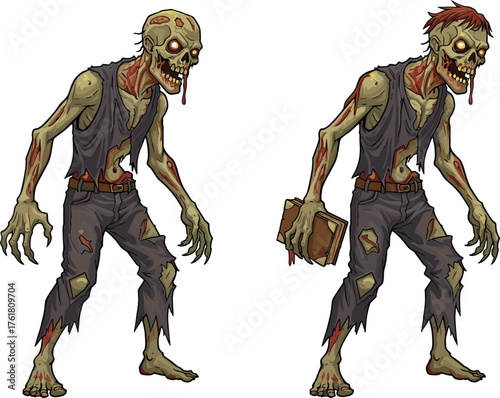 PrintCartoon zombies in torn clothes, creepy undead monsters with rotting skin and scary faces, one holding a book, horror illustration