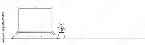 Continuous one-line drawing of an open laptop next to a potted plant, symbolizing sustainable technology, growth, and work-life balance in a minimalist style.
