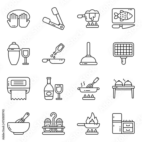 Set of Kitchen Accessories Linear Icons