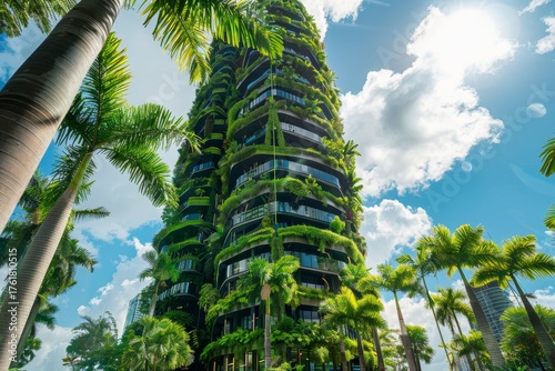 Eco-friendly urban residence surrounded by palm trees, blending modern design and sustainability.