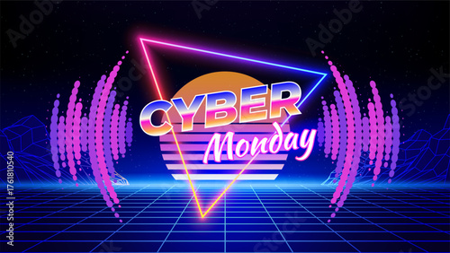 Cyber monday retro futuristic neon offer banner. 80s style, neon color. Sale poster, promotion, discount. Shining triangle, laser grid, wireframe mountain, floor. Retro synthwave concept. Vector