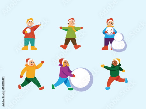 Cute vector illustration of diverse children playing in the snow, building a snowman and having a snowball fight. Winter fun activities for kids
