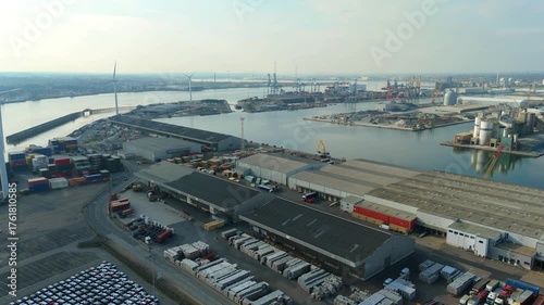Aerial drone shot of Tilbury docks, wharfs and port industrial manufacturing and shipping internationally, recycling and waste near London, United Kingdom 