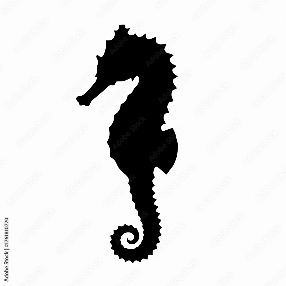 Fototapeta premium A detailed black silhouette of a seahorse with a curled tail isolated on a white background.