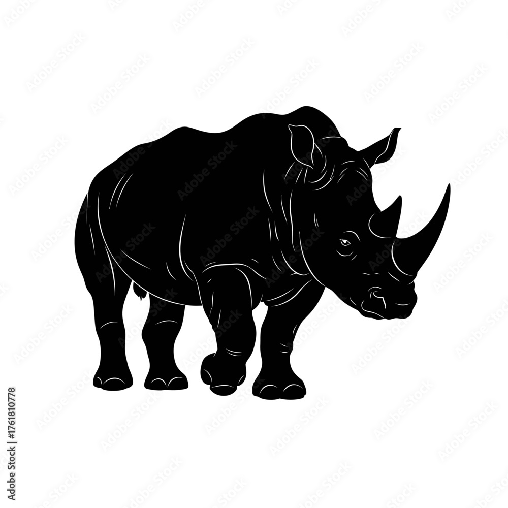 Obraz premium Silhouette of a rhinoceros standing on a white background.