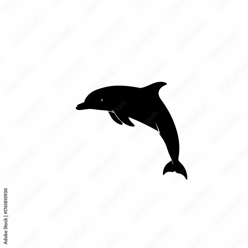 Fototapeta premium A simple black silhouette of a dolphin leaping out of the water against a plain white background.