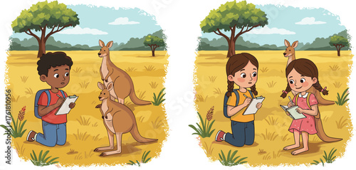 PrintChildren drawing kangaroos in Australian outback, wildlife education, creative art learning, kids outdoor activity, animal illustration, nature exploration, cute adventure scene
