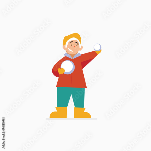 Cute vector illustration of a happy boy ready for a snowball fight. Child in winter clothes holding snowballs. Fun winter activity