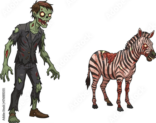 PrintCreepy zombie man and undead zebra illustration, horror Halloween design concept, spooky fantasy creature artwork, scary monster apocalypse themed character art