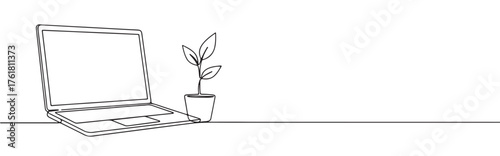 Continuous one-line drawing of an open laptop next to a potted plant, symbolizing sustainable technology, growth, and work-life balance in a minimalist style.