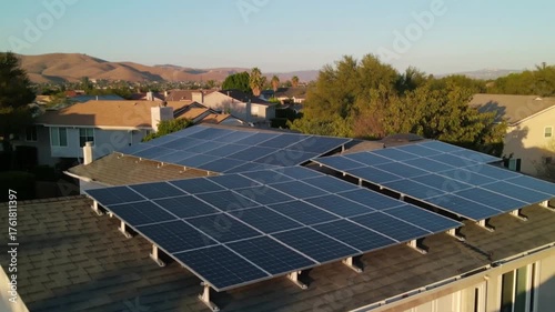Residential Solar Panels on California Home Generating Clean Energy Under Bright Sunny Sky