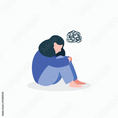 Flat vector illustration of a sad depressed woman sitting alone, hugging her knees. Mental health issues, anxiety, sadness, and tangled thoughts