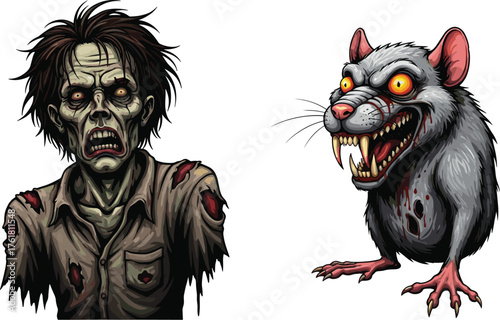 PrintCreepy zombie man and evil rat monster illustration, horror artwork, undead character design, scary creature concept, Halloween spooky art, nightmare theme