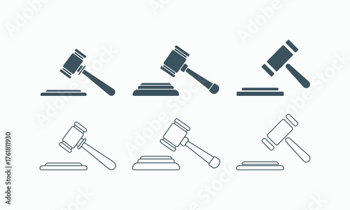 Set of gavel icons in solid and outline style. Justice, law, judgment, court, and auction symbol vector design. Black and white