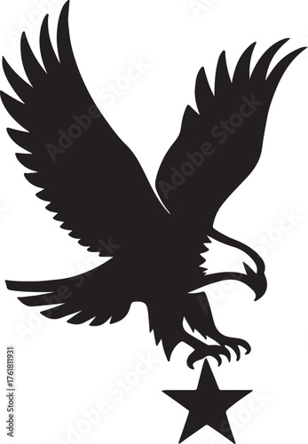 Blad eagle eith American flag print on wings diving for a patrietic ribbon. 4th july Independence Day Clipart, Emblem soaring bird usa banner image airfoil hunting red white blue band.