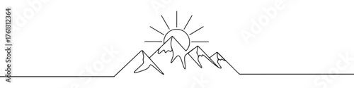 Mountains and sun continuous one line drawing. Hand drawn sunset panoramic view.