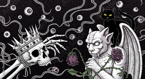 Gothic illustration featuring a skull, gargoyle, black cat and roses against dark backdrop