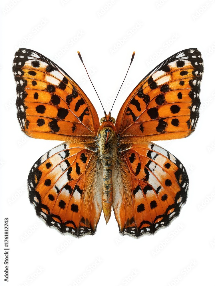 Obraz premium Orange and black butterfly with open wings isolated on white background