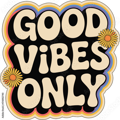 Good Vibes Only' Hand-Drawn Circular Quote Vector Design with Stars and Cheerful Typography for Positive Message