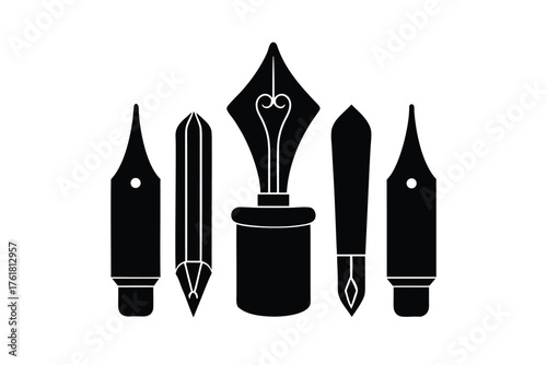 Stylized collection of various fountain pen nibs and a pencil icon