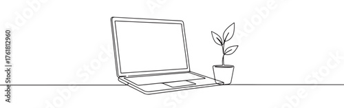 Continuous one-line drawing of an open laptop next to a potted plant, symbolizing sustainable technology, growth, and work-life balance in a minimalist style.