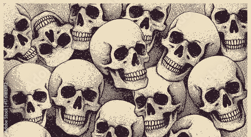 Engraved Illustration of Pile of Skulls in Sepia Tones for Decorative Purposes