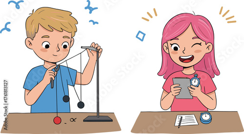 PrintKids doing science experiment, learning physics with pendulum, stopwatch, and notebook, education, STEM learning, classroom activity, student teamwork illustration