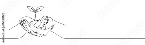 Continuous one-line drawing of hands holding a growing seedling, symbolizing protection, growth, nature, and environmental care in a minimalist style.