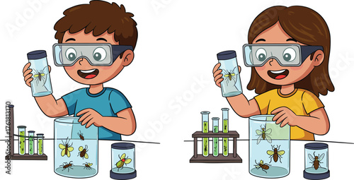PrintKids doing science experiments with insects, children learning biology, laboratory research, entomology study, classroom activity, education, discovery, microscope, test tubes