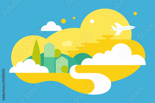 A bright cartoon vector illustration shows a ship on the blue sea under a summer sky with clouds and sun rays