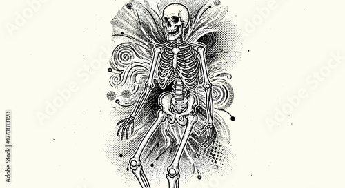 Intricate monochrome skeletal artwork featuring ornate swirl and halftone patterns
