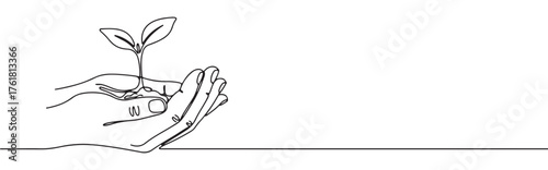 Continuous one-line drawing of hands holding a growing seedling, symbolizing protection, growth, nature, and environmental care in a minimalist style.