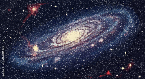 Spectacular spiral galaxy illustration with shimmering stars and cosmic dust