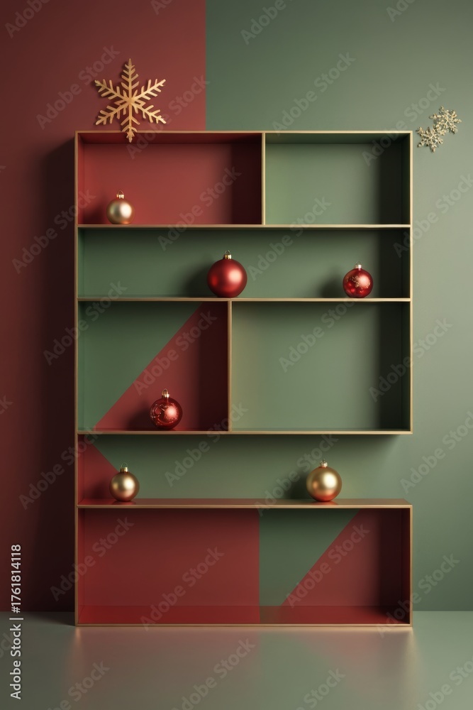 Fototapeta premium Modern shelf display with Christmas ornaments in red and green 