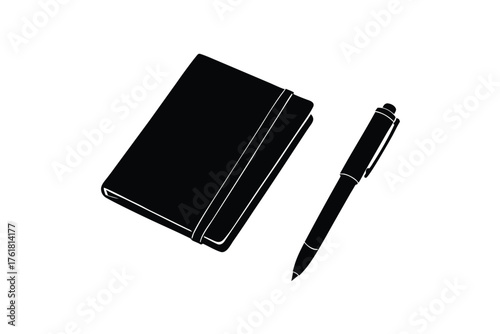 Simple black notebook and pen illustration for office supplies