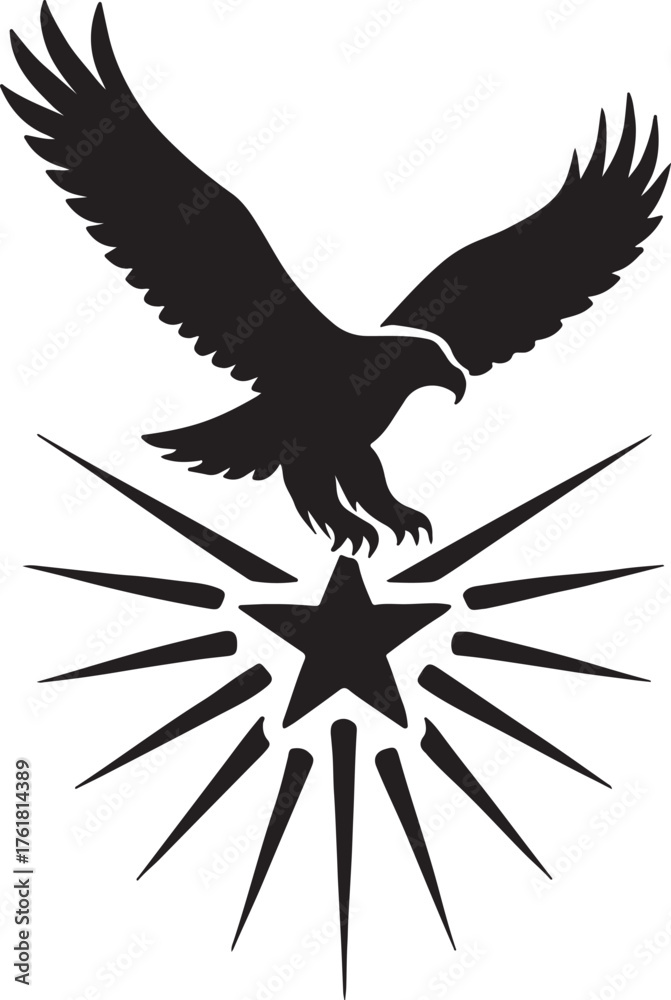 Obraz premium Blad eagle eith American flag print on wings diving for a patrietic ribbon. 4th july Independence Day Clipart, Emblem soaring bird usa banner image airfoil hunting red white blue band.