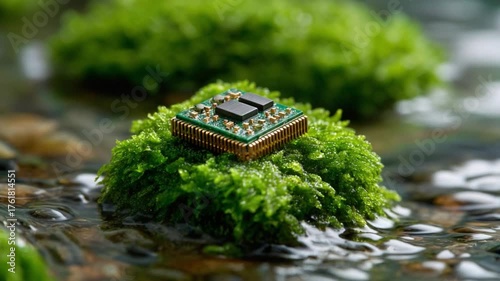 Technology Harmony: An intricate microchip rests gracefully on a vibrant green moss-covered surface, surrounded by water, symbolizing the symbiotic relationship between technology and nature.