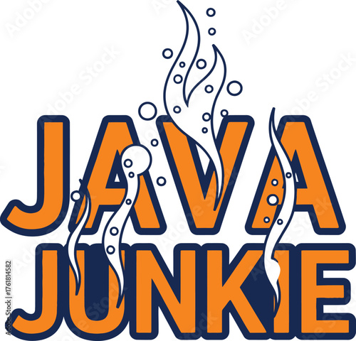 Bold 'Java Junkie' Hand-Drawn Quote Vector Design with Coffee Mug for Caffeine, Coffee Lovers, and Cafe Themes