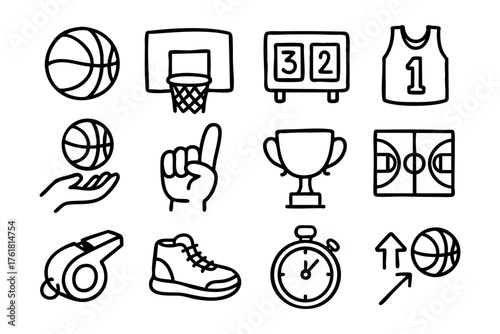 Basketball doodle icon set – sport vector illustration collection