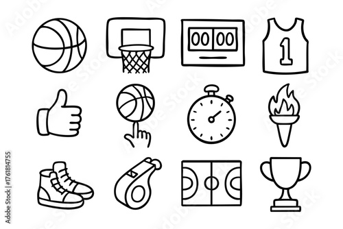 Basketball doodle icon set – sport vector illustration collection