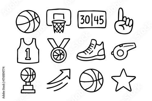 Basketball doodle icon set – sport vector illustration collection
