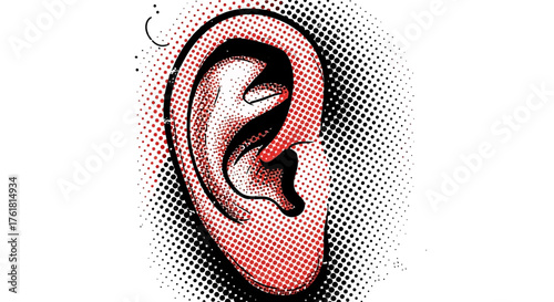 Stylized Ear Illustration with Halftone Pattern and Vibrant Red Accent